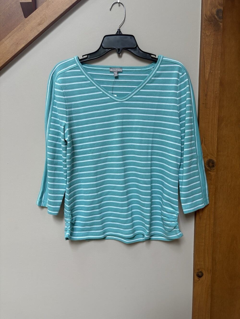 T by Talbots Women’s Petite Medium PM Striped 3/4 Sleeve Knit Top Turquoise NWT